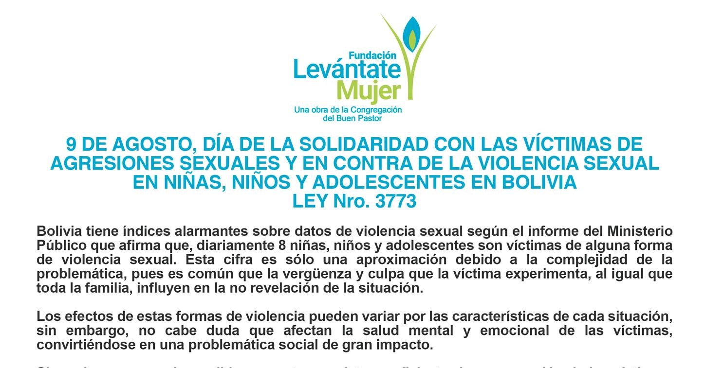 Pronunciamiento 9 de agosto Día de la Solidaridad con las Víctimas de Agresiones Sexuale y en contra de la Violencia Sexual en Niñas, Niños y Adolescentes
